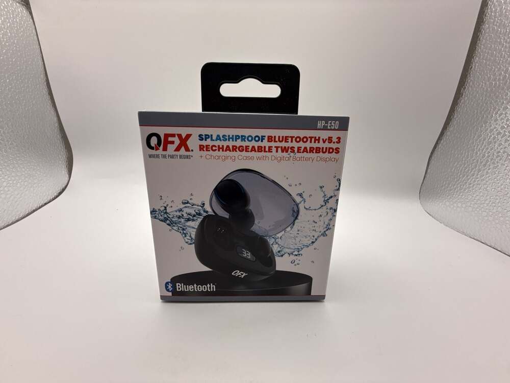 QFX HP-E50 Splashproof Bluetooth v5.3 Rechargeable TWS Earbuds with Charging Cas